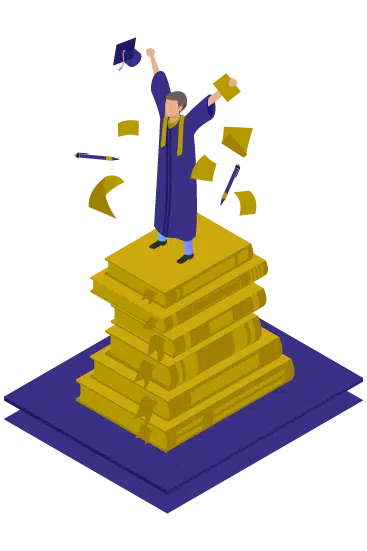A graduate in cap and gown standing on a stack of books, throwing papers in the air.